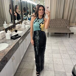 Vintage 1991 Sequin Halter Dress in Black and Teal